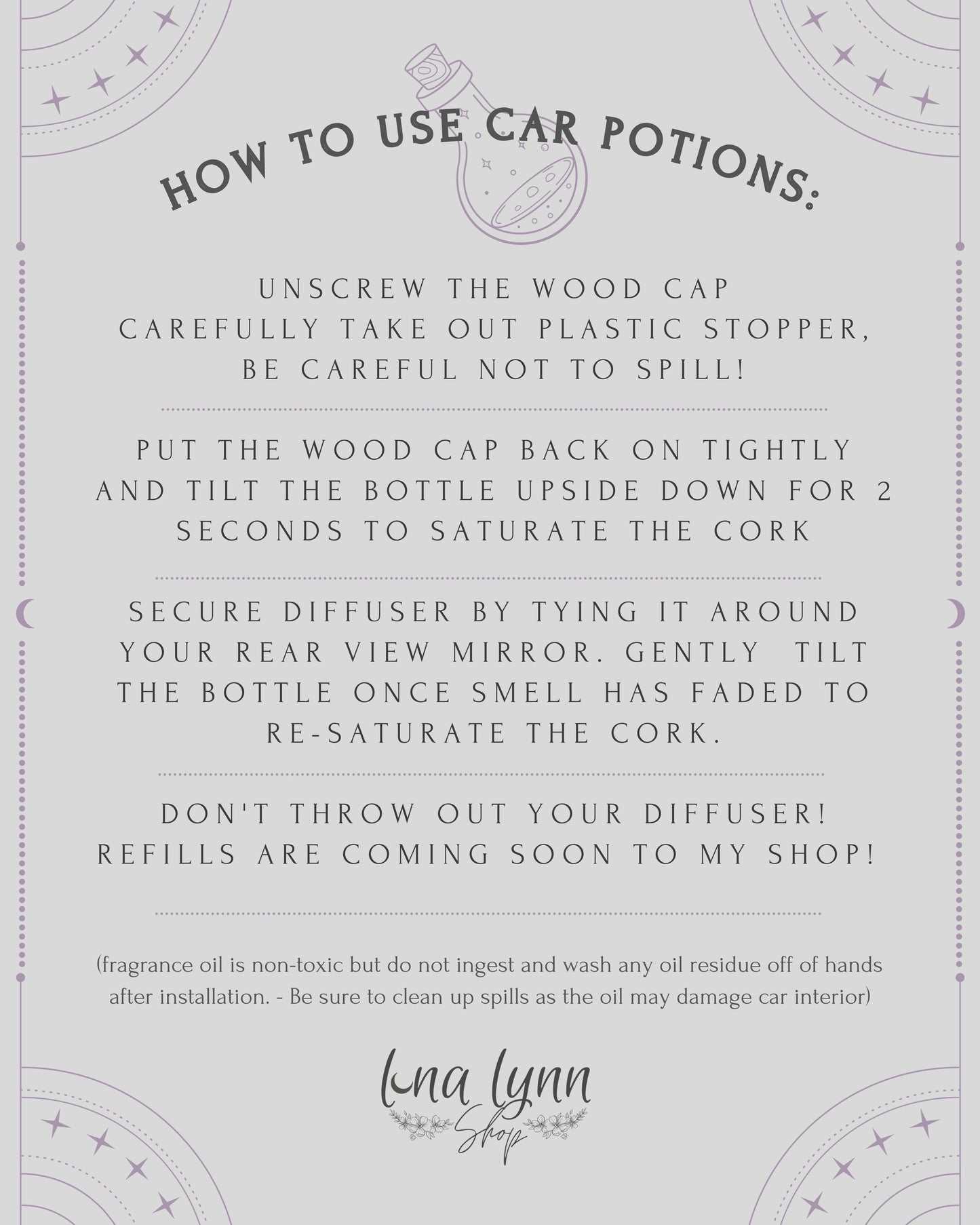 Custom Car Potion | CHOOSE SCENT + COLOR | Car Oil Diffuser for Rear View Mirror