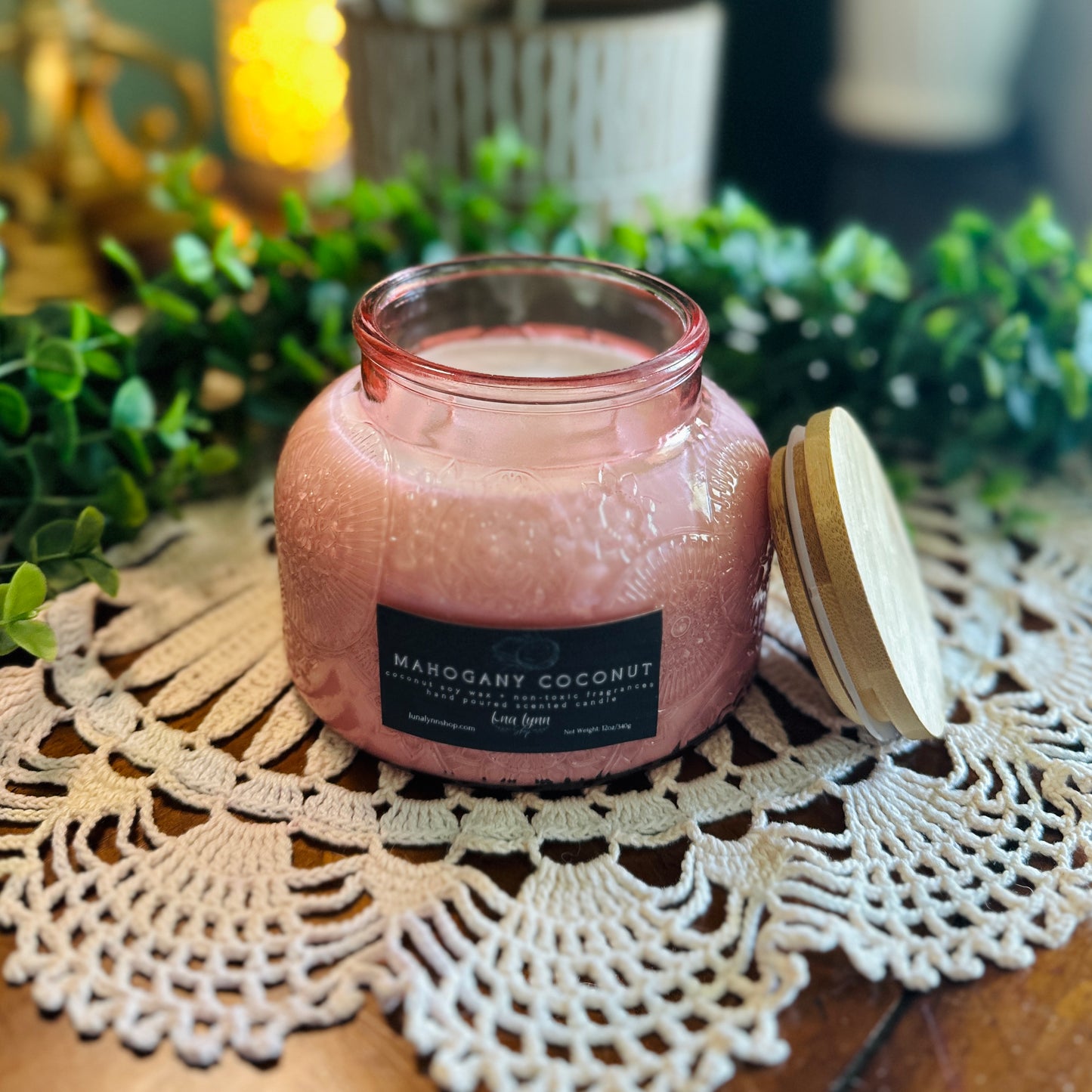 Mahogany Coconut | Scented Candle in Decorative Pink Glass Jar