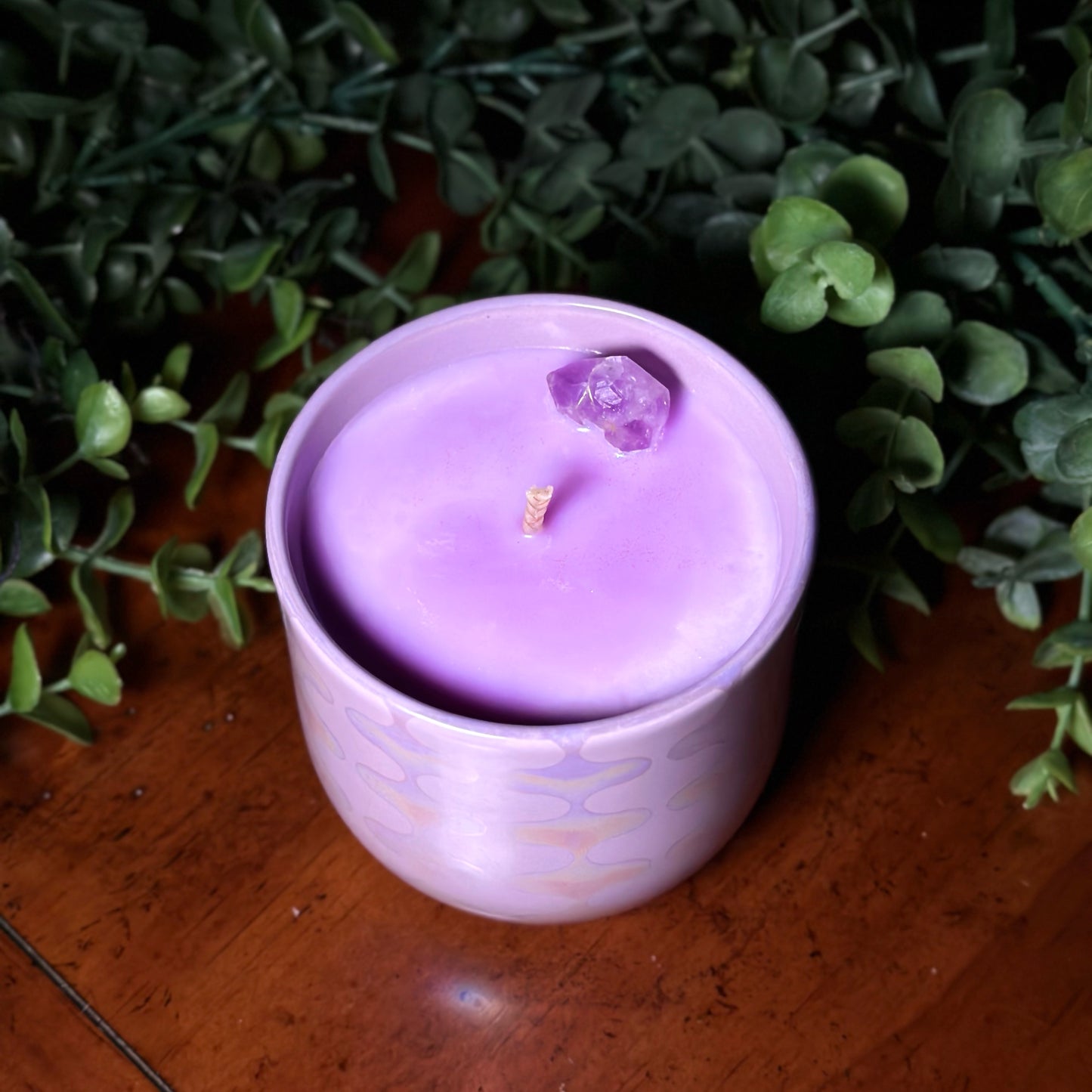 Purple Holo Jar | Black Amber + Plum Scented Candle | Amethyst Crystal