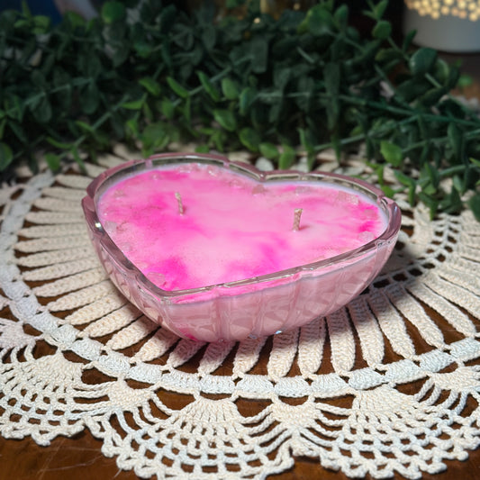 12oz Heart Shaped Candle | Strawberries & Cream | Antique Glass | Rose Quartz Crystals