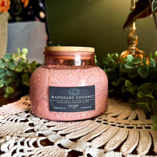 Mahogany Coconut | Scented Candle in Decorative Pink Glass Jar